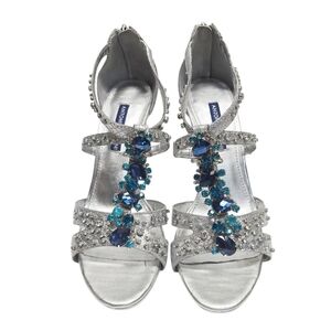 {Antonio Melani} Elegant Silver and Blue Embellished Women's Sandals - Size 8.5